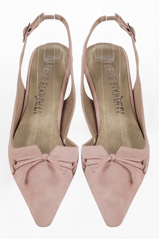 Powder pink women's open back shoes, with a knot. Tapered toe. Medium spool heels. Top view - Florence KOOIJMAN